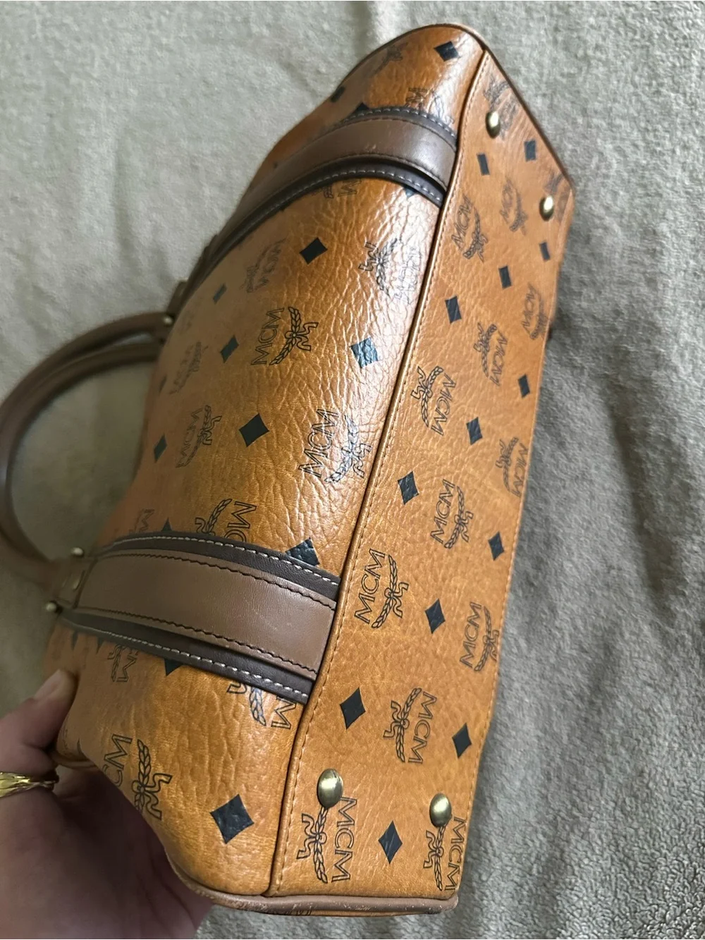 MCM Visetos Cognac Logo Satchel with Brown Trim